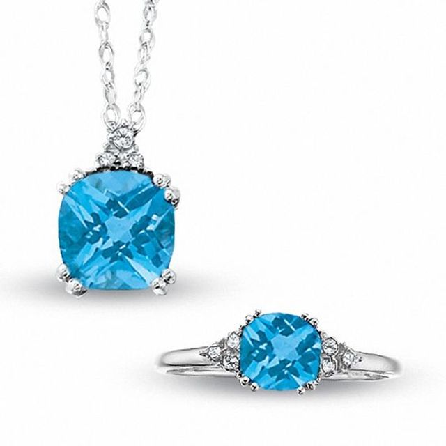 Blue Topaz Pendant and Ring Set with Diamond Accents in 14K White Gold