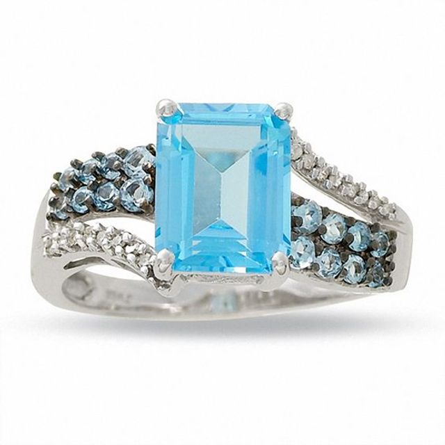 Blue Topaz Ring in 10K White Gold with Diamond Accents