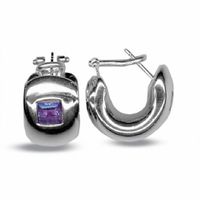 18K White Gold J-Hoop Earrings with Square Amethyst Gemstone