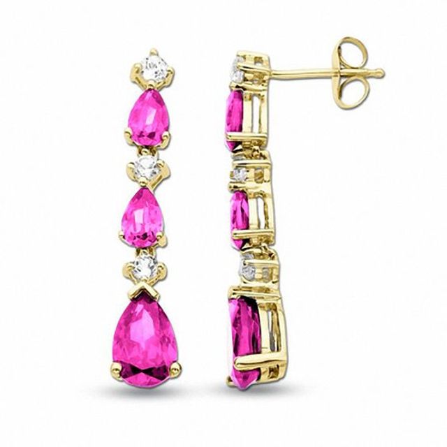 Pear-Shaped Lab-Created Pink Sapphire Dangle Earrings in 10K Gold