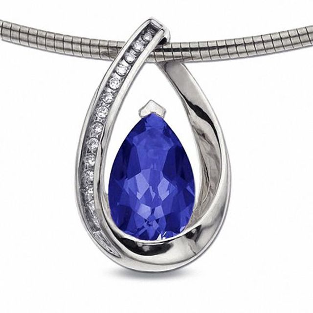 Pear-Shaped Ceylon Sapphire Drop Pendant in 10K White Gold with Diamond Accents