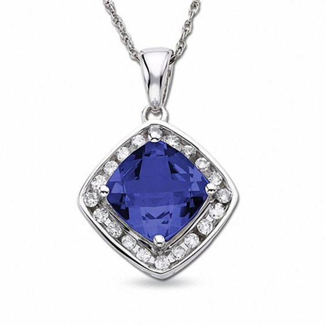 1/4 CT. T.w. Diamond and Cushion-Cut Lab-Created Ceylon Sapphire Pendant in 10K White Gold