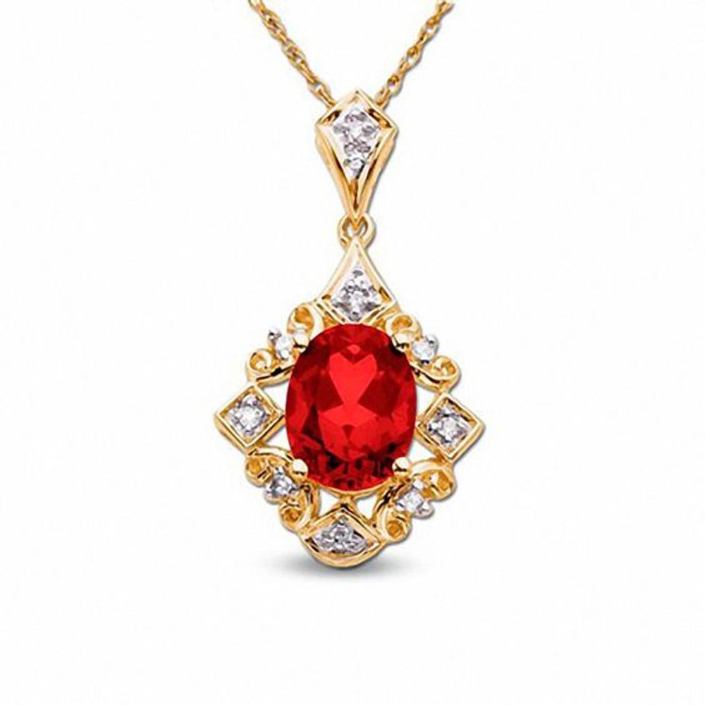 Oval Lab-Created Ruby Pendant in 10K Gold with Diamond Accents