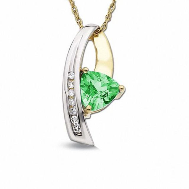 Trillion-Cut Lab-Created Green Blue Sapphire Pendant in 10K Gold with Diamond Accents