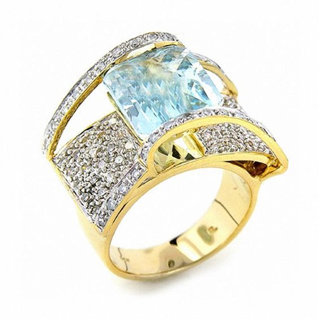 Square Aquamarine Ring in 14K Gold with Diamond Accents