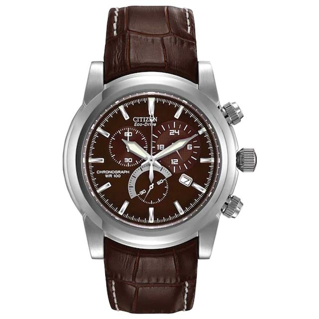 Men's Citizen Eco-DriveÂ® Stainless Steel Chronograph Watch with Brown Dial and Brown Strap (Model: At0550-11X)