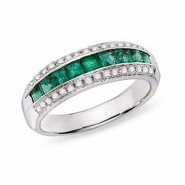 Emerald and Diamond Band in 14K White Gold