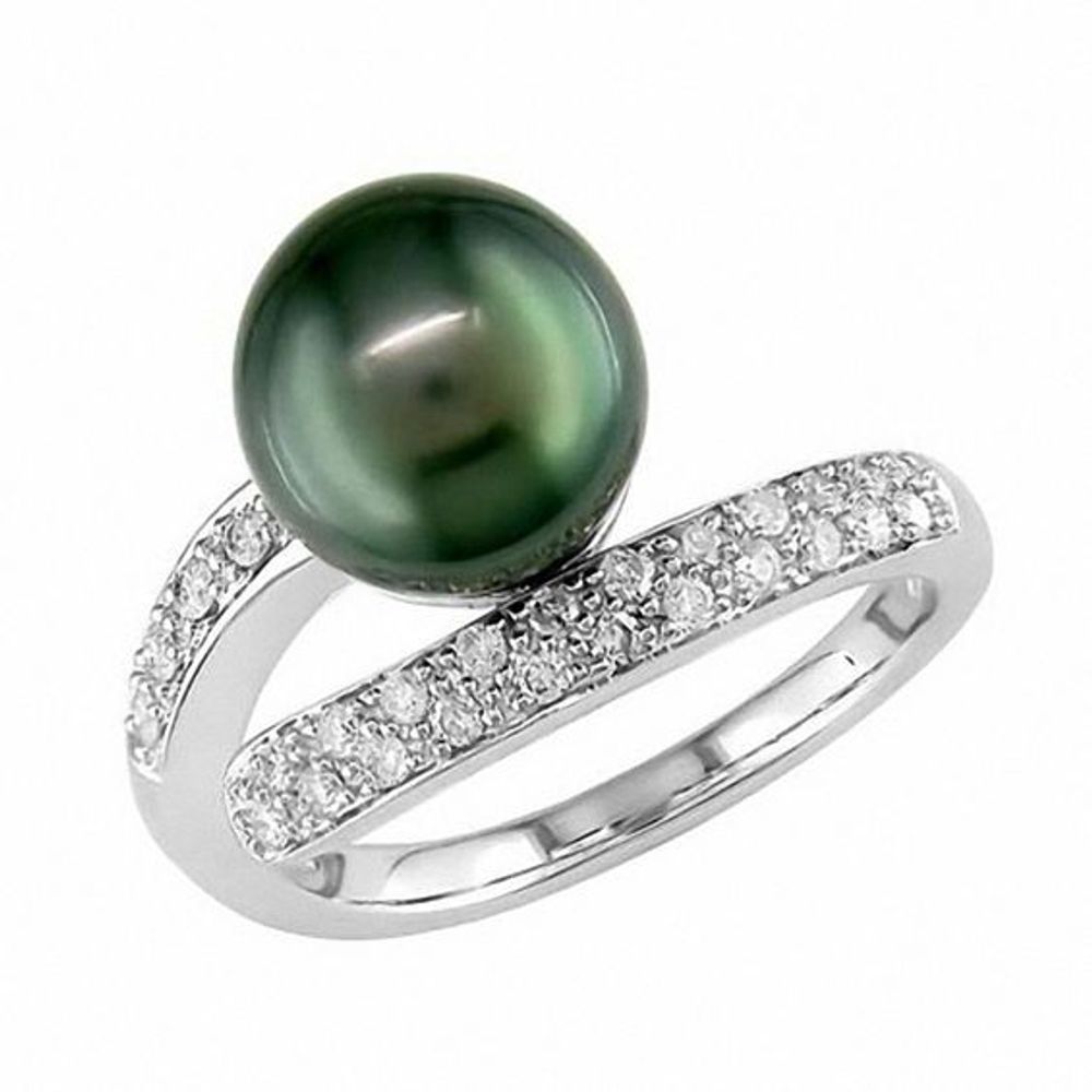Tahitian Cultured Pearl Ring with 1/4 CT. T.w. Diamonds in 14K White Gold