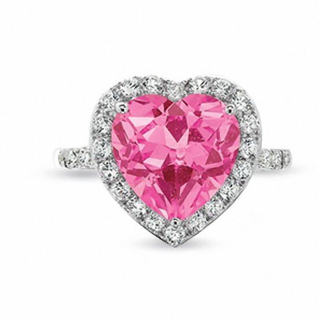 Lab-Created Heart Shaped Pink Sapphire Frame Ring in 10K White Gold with White Sapphire and Diamond Accents