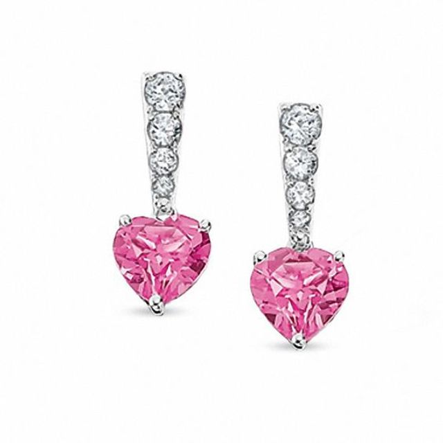 Lab-Created Pink Sapphire Stick Heart Earrings in 10K White Gold with Lab-Created White Sapphires and Diamond Accents