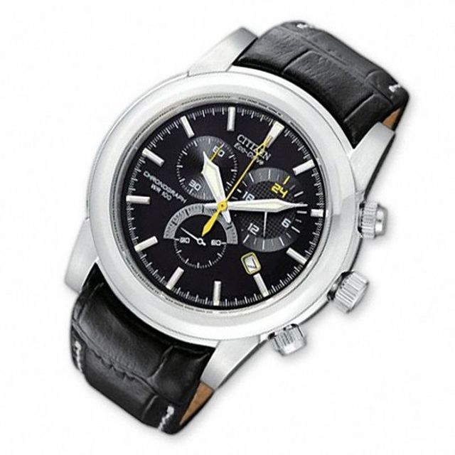 Men's Citizen Eco-DriveÂ® Black Chronograph Watch with Black Dial and Strap (Model: At0550-03E)