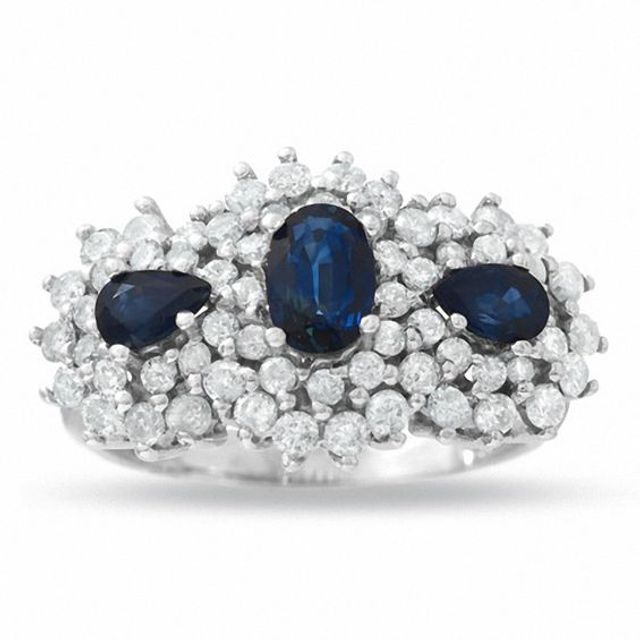 Three Stone Blue Sapphire and 1-1/5 CT. T.w. Diamond Ring in 14K White Gold