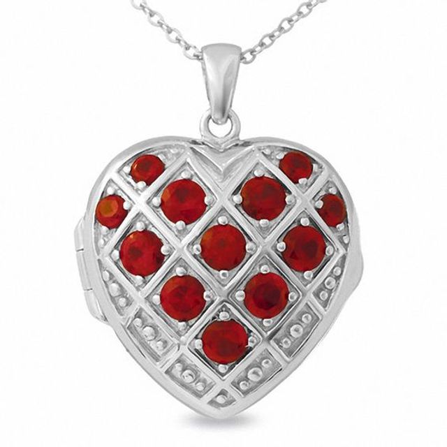Lab-Created Round Ruby Basket Weave Heart Locket in Sterling Silver