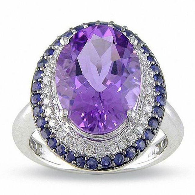 Large Oval Amethyst and Sapphire Ring in 14K White Gold with Diamond Accents