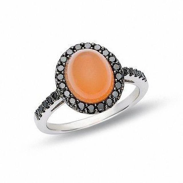 Oval Carnelian Ring in 14K White Gold with Black Diamond Accents