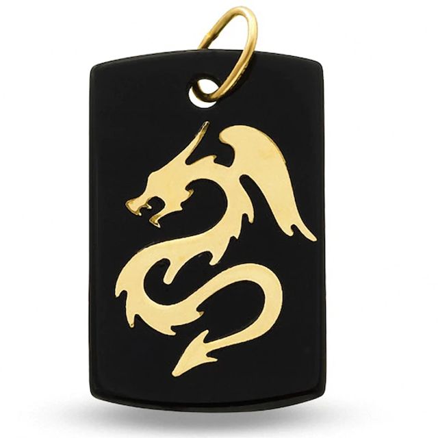 Men's Onyx and 10K Gold Dragon Dog Tag