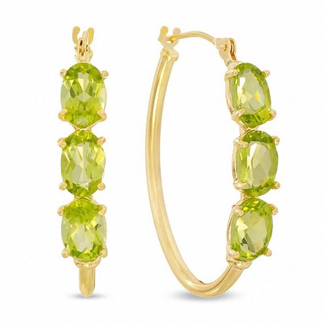 Peridot Three Stone Oval Hoop Earrings in 14K Gold