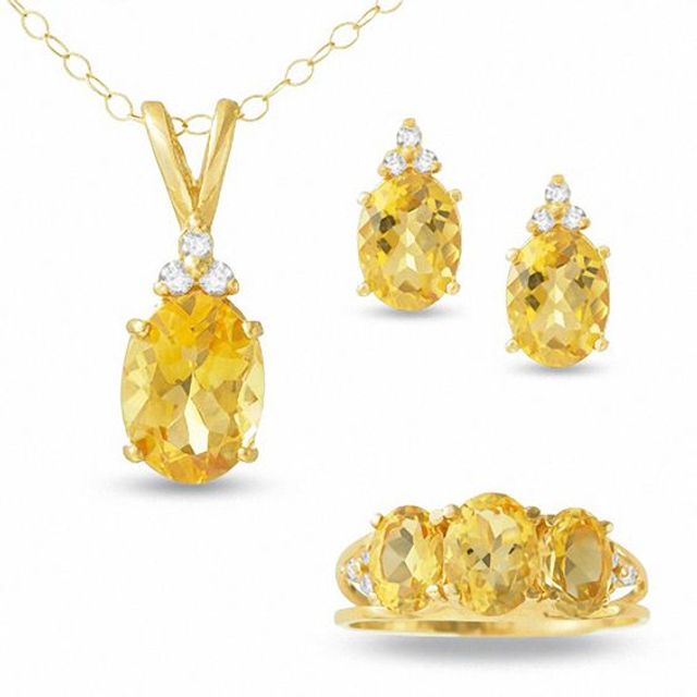 Three Stone Citrine and Diamond Ring, Pendant and Earring Set in 14K Gold - 16"