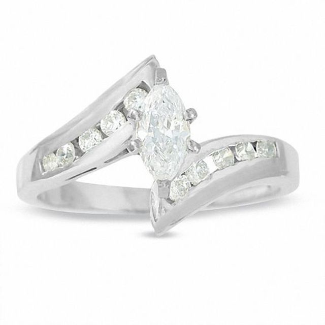 1/2 CT. T.w. Marquise Diamond Solitaire Engagement Ring with Side Accents in 14K White Gold