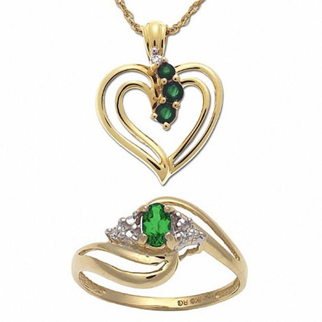 Emerald Heart Pendant and Ring Boxed Set in 10K Gold with Diamond Accents