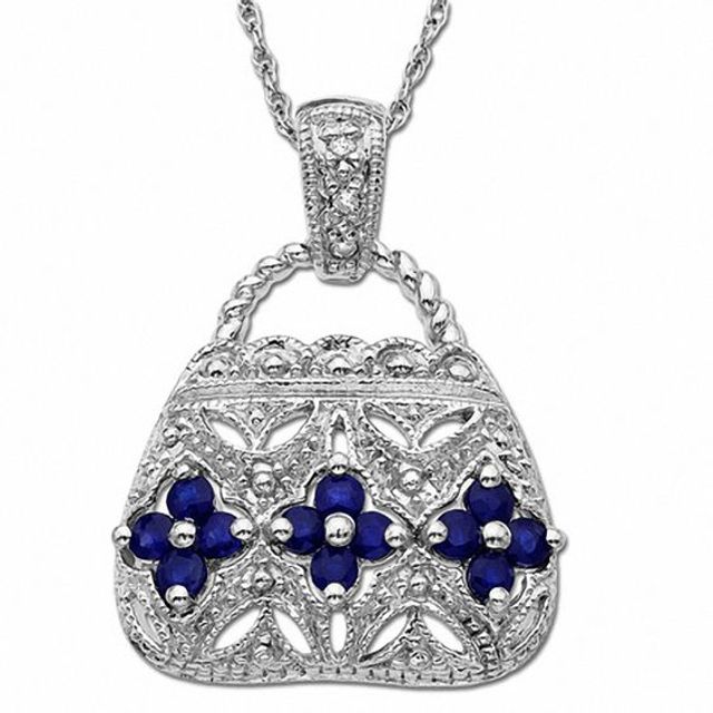 Blue Sapphire Purse Pendant in 10K White Gold with Diamond Accents