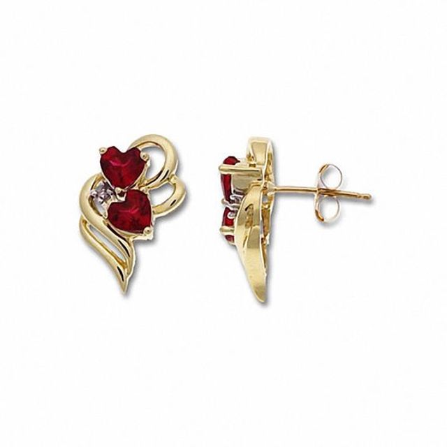 Heart-Shaped Lab-Created Ruby 10K Gold Earrings with Diamond Accents