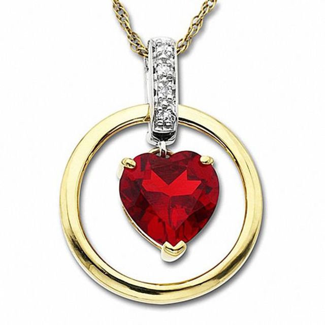 Lab-Created Heart-Shaped Ruby Circle Pendant in 10K Gold with Diamond Accents