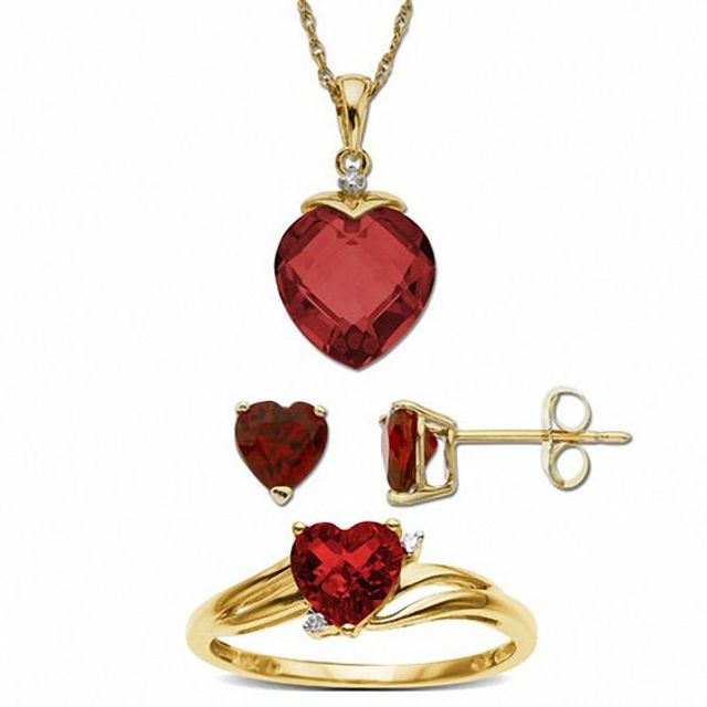 Heart Shaped Lab-Created Ruby Earrings, Pendant and Ring Set in 10K Gold with Diamond Accents