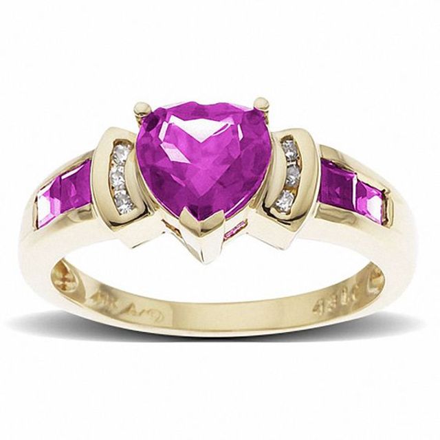 Lab-Created Pink Sapphire and Ruby Heart Ring in 10K Gold with Diamond Accents