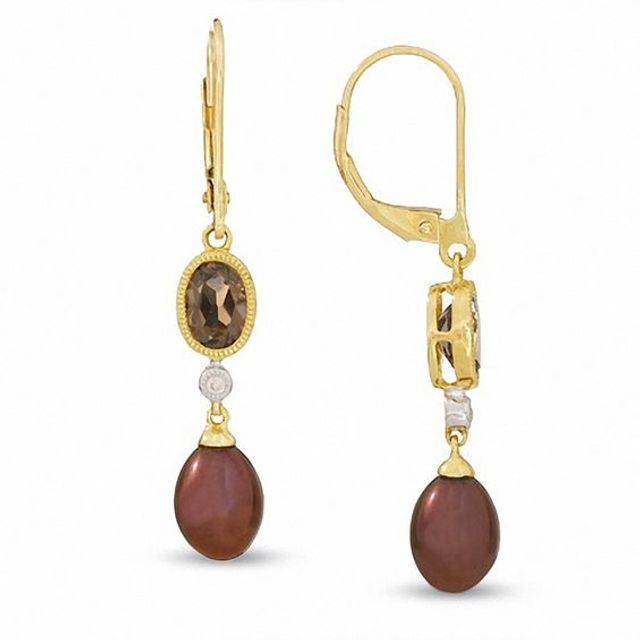 Brown Cultured Freshwater Pearl and Smoky Quartz Leverback Earrings in 10K Gold