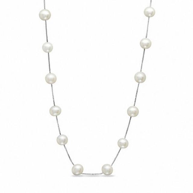 5.0 - 6.0mm Cultured Freshwater Pearl Beaded Station Necklace in 14K White Gold - 17"
