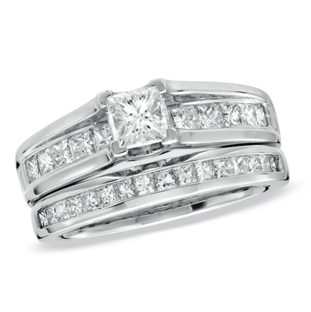 1-1/2 CT. T.w. Princess-Cut Diamond Bridge Bridal Set in 14K White Gold