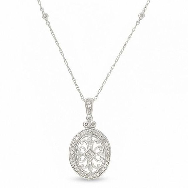 1/7 CT. T.w. Diamond Oval Antique-Finished Pendant in 10K White Gold