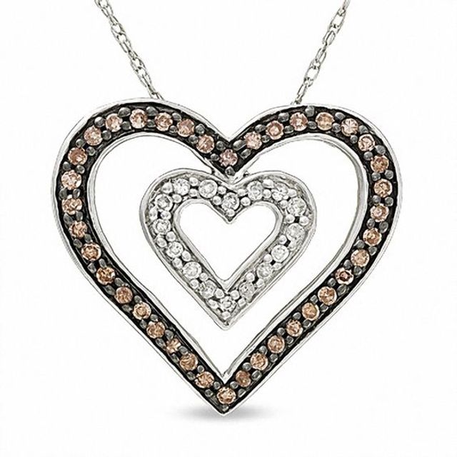 1/3 CT. T.w. Champagne and White Diamond Double Heart Pendant in 10K White Gold