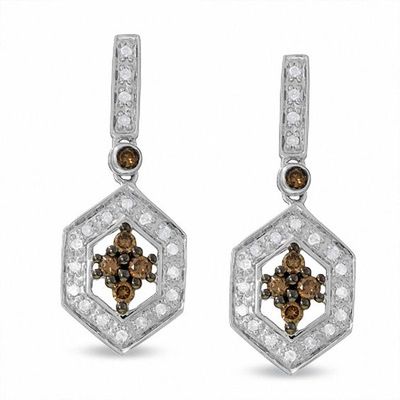 1/3 CT. T.w. Champagne and White Diamond Hexagon Earrings in 14K White Gold