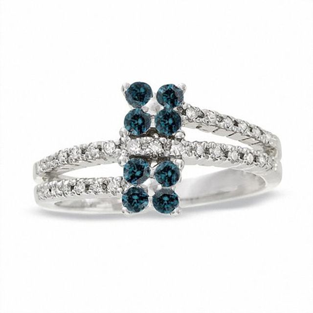 1/2 CT. T.w. Enhanced Blue & White Diamond Flower Ring in 14K White Gold