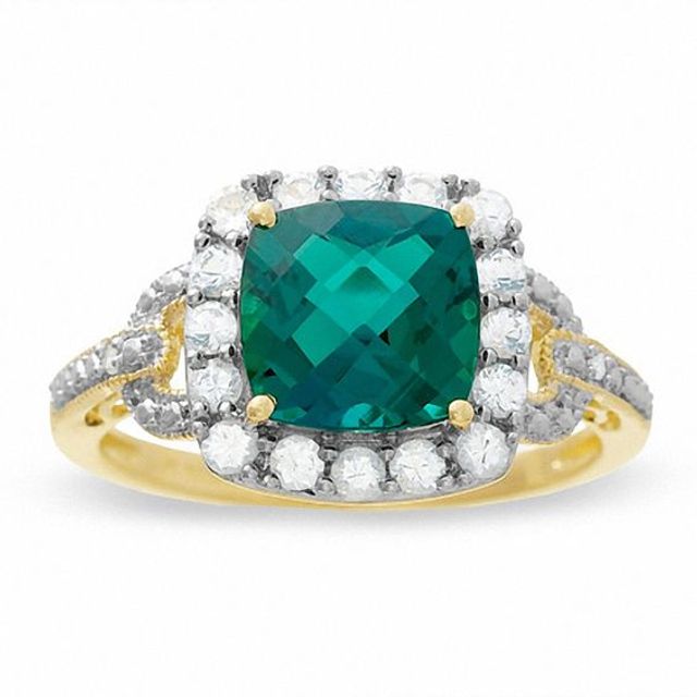 Cushion-Cut Lab-Created Emerald Frame Ring in 10K Gold with White Sapphire and Diamond Accents