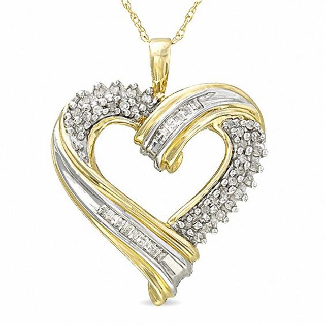 1/5 CT. T.w. Round and Baguette Diamond Flair Heart Pendant in 10K Gold