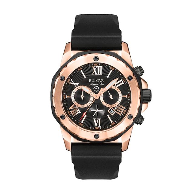 Men's Bulova Marine Star Chronograph Rose-Tone Strap Watch with Black Dial (Model: 98B104)