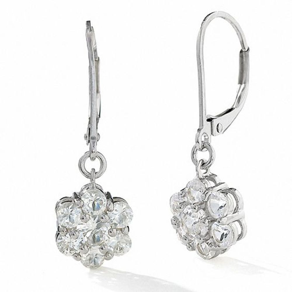 Lab-Created White Sapphire Flower Leverback Earrings in Sterling Silver