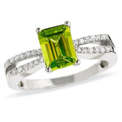 Emerald-Cut Peridot Ring in 10K White Gold with Diamond Accents