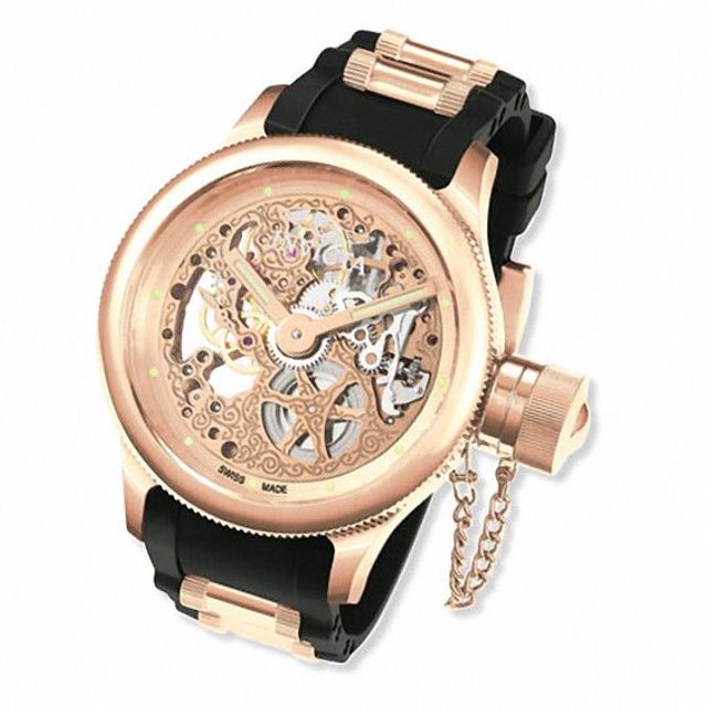 Men's Invicta Russian Diver Strap Watch with Rose-Tone Skeleton Dial (Model: 3846)