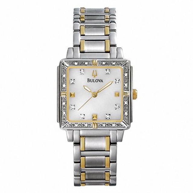 Ladies' Bulova Diamond Accent Two-Tone Watch with Square Mother-of-Pearl Dial (Model: 98R112)