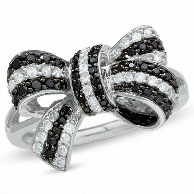 1/2 CT. T.w. Enhanced Black and White Diamond Bow Ring in 10K White Gold