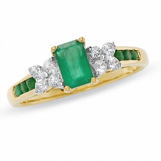 Emerald-Cut Emerald and White Sapphire Ring in 14K Gold