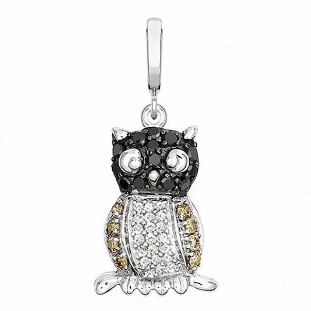 1/2 CT. T.w. Enhanced Black, Champagne and White Diamond Owl Charm in Sterling Silver