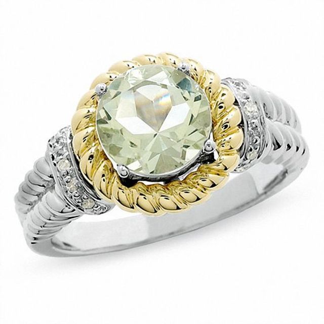 Green Quartz and Diamond Rope Ring in 10K Gold and Sterling Silver