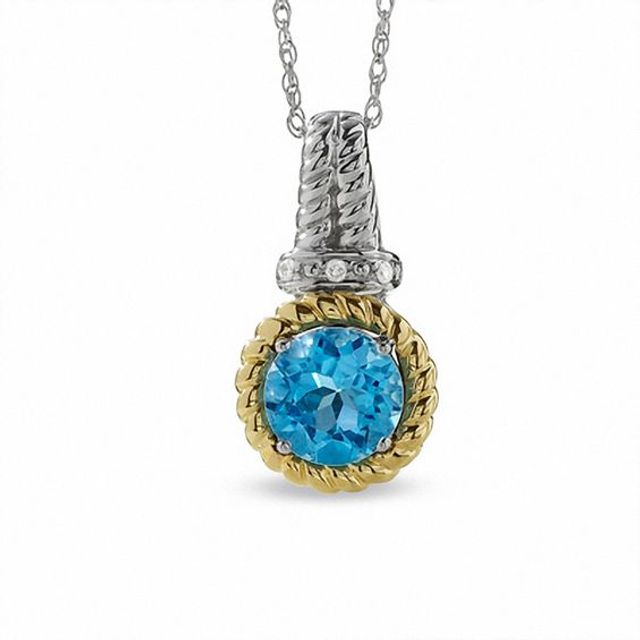 Blue Topaz Pendant in 10K Gold and Sterling Silver with Diamond Accents