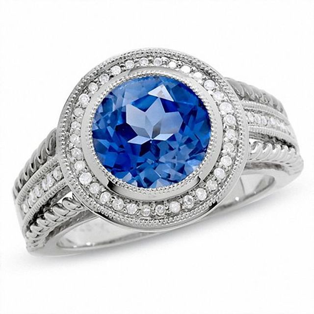 Lab-Created Ceylon Sapphire and Diamond Ring in Sterling Silver