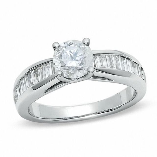 1-1/2 CT. T.w. Round Diamond Engagement Ring in 14K White Gold with Baguette Sidestones